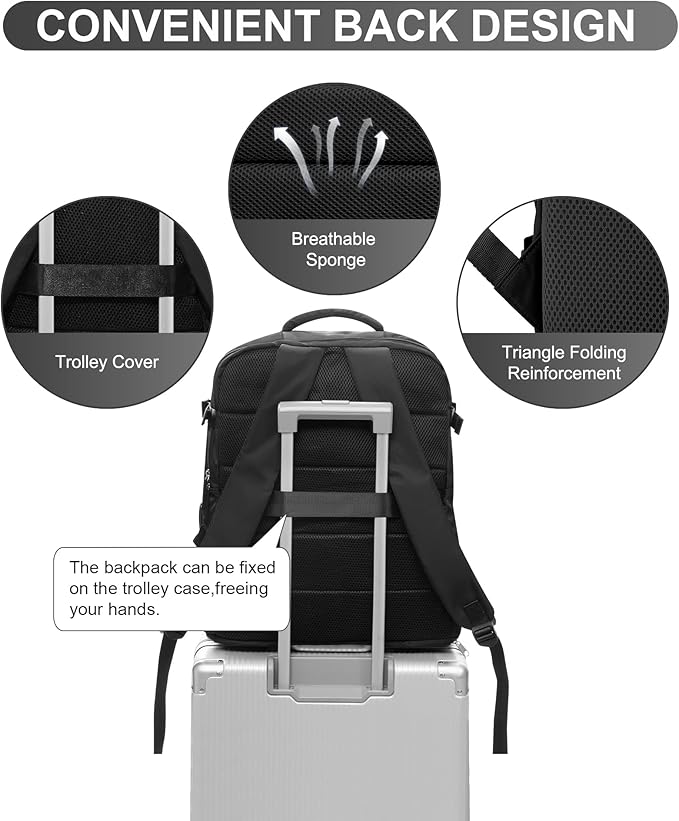 WONHOX Travel Backpack Women,Carry On Backpack Flight Approved 18x14x8 inches Bag Spirit Airlines Personal ltem,College Sports Hiking Rucksack Waterproof Casual Daypack Laptop Blackpack Men,Black