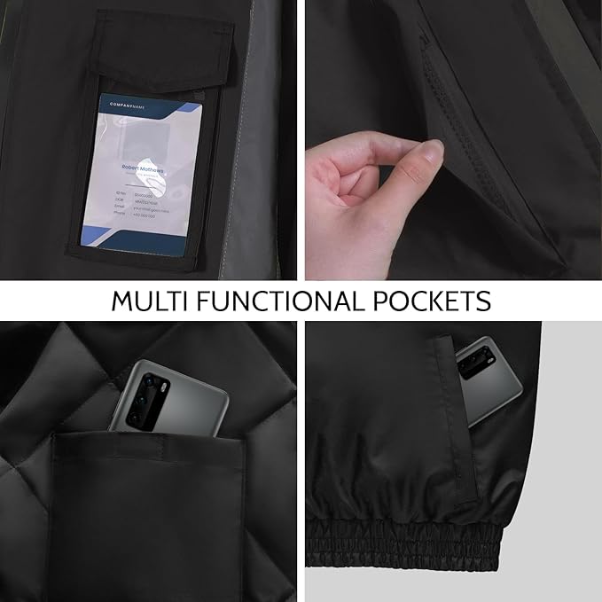 Hi Vis Rain Jackets, Reflective Safety Jacket with Pockets for Men& Women, Construction Coats for Cold Weather, Waterproof Rain Gear, Class 3, Black Standard, 4XL