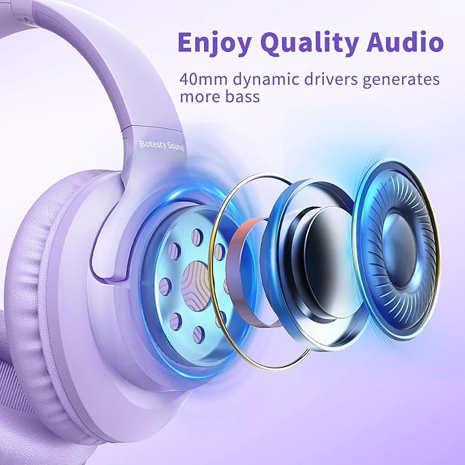 Botesty Sound Headphones Wired with Microphone, Over Ear Foldable 3.5mm Plug in Headphones with 4.9ft Tangle-Free Nylon Cord for Tablet, Laptop, MP3/4, School, Airplane Travel (Purple)