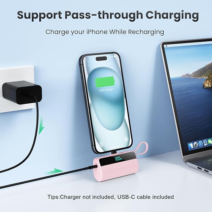 Small Portable Charger for iPhone with Built in USB C Cable, 5500mAh Mini Power Bank 20W PD Fast Charging, LCD Display Battery Pack for iPhone 17/16/15/14/13/12/11/X/8/6 Series Android Galaxy (Pink)