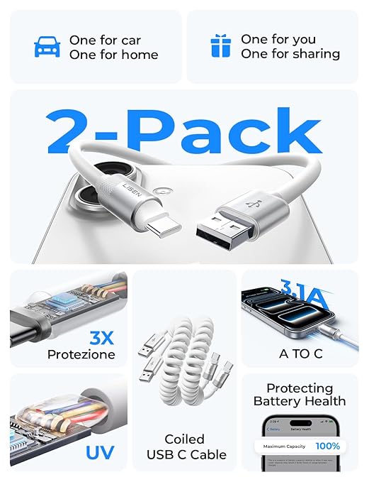 LISEN Coiled USB C Cable, 2 Pack for Android Auto & CarPlay Cable, Short USB A to USB C Cable Compatible with iPhone 17/16/15, Samsung Galaxy S25/S24/S23 A15/A14, Google Pixel 9/8, White 4FT