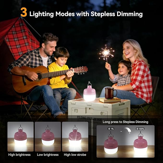 VAVOFO 20W LED Camping Lantern Rechargeable, 1200LM Camping Light, 3000mAh Portable Tent Light , IP65 Waterproof Flashlight Lanterns for Emergencies ,Power Outages,Hiking (Pink)
