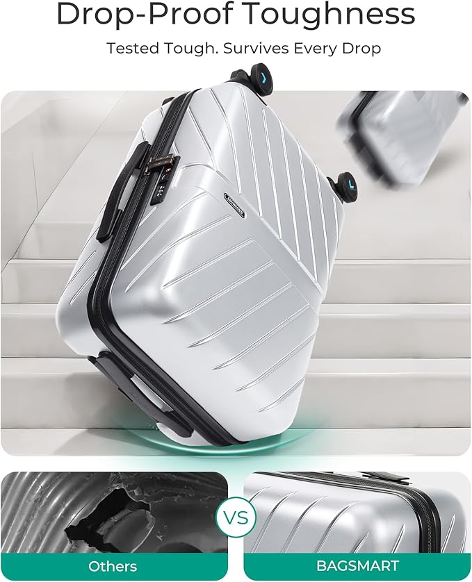 BAGSMART Carry On Luggage 22x14x9 Airline Approved With TSA Lock, 1OO% Polycarbonate Hardside Luggage with Spinner Wheels,Durable Hard Shell Carry On Suitcase 20 inch Silver