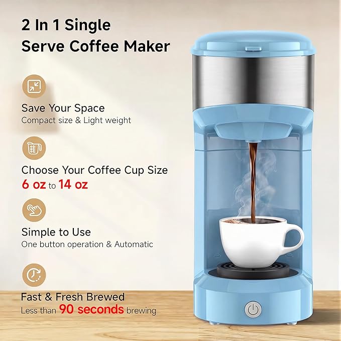 Single Serve Coffee Maker, 2 in 1 Brewer for K Pod & Ground Coffee, 90s Rapid Brew 6 to 14oz Capacities with Auto Shut Off, Small Compact Design for Home Office Travel Camping-Blue