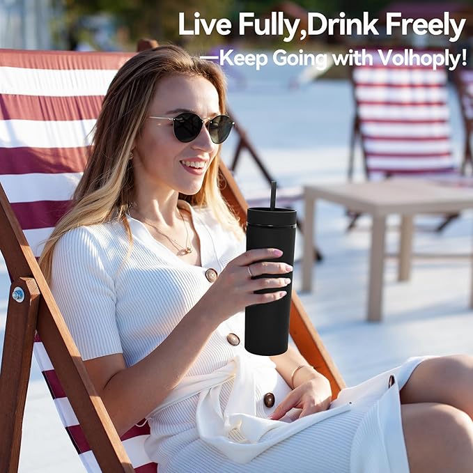Volhoply 20oz Plastic Skinny Tumblers Bulk 4 Pack,Double Wall Tumbler with Lid and Straw,Reusable Travel Iced Coffee Mug,BPA Free Matte Acrylic Water Cups with Straw for Party,DIY Gifts(Black,4 Set)