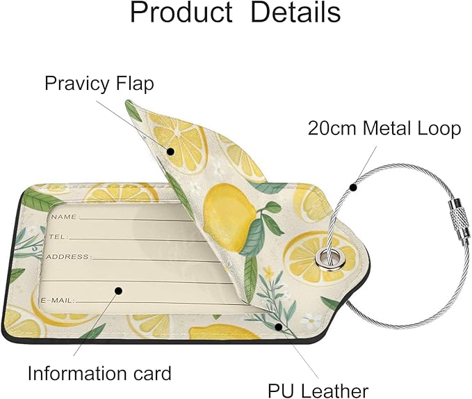 2 Pack Luggage Tags for Suitcases, PU Leather Bag Tag with Privacy Cover Address Card Travel Essentials-Summer Lemon