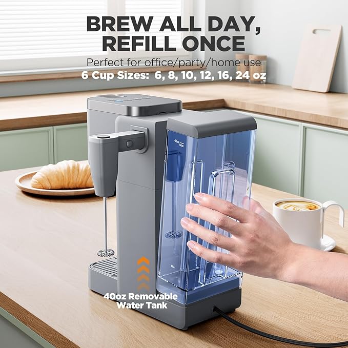 Tastyle Single Serve Coffee Maker with Built-in Detachable Milk Frother, Iced and Hot Coffee Machine for K Cup & Grounds, 40oz Removable Water Reservoir, 6 Cup Sizes, Fits 7.3" Travel Mug, Gray