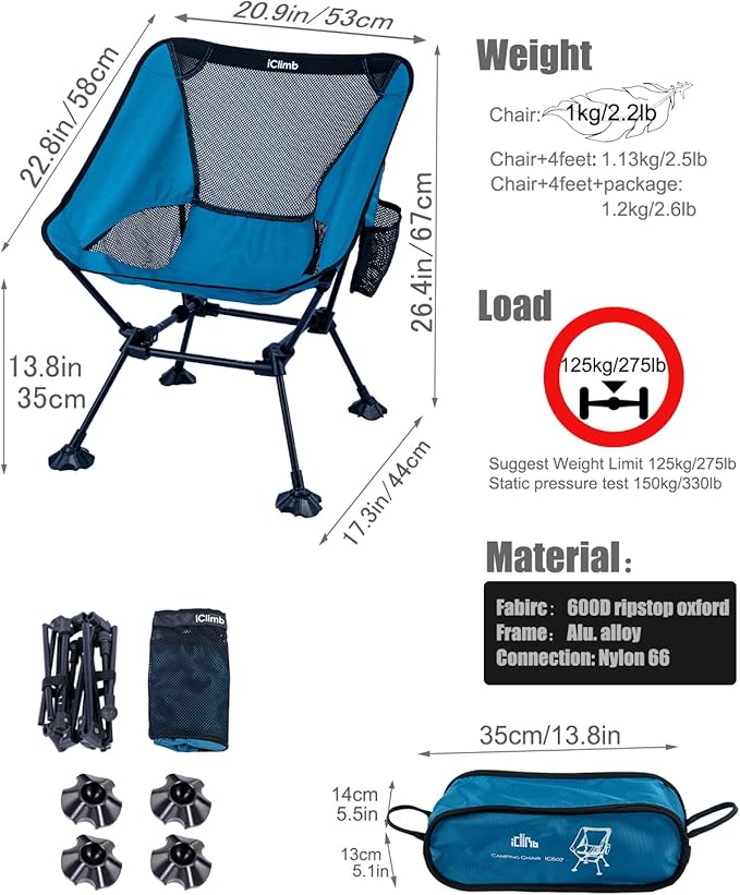 iClimb Ultralight Compact Camping Folding Beach Chair with Anti-Sinking Large Feet and Back Support Webbing (Blue - Square Frame - 2PC)