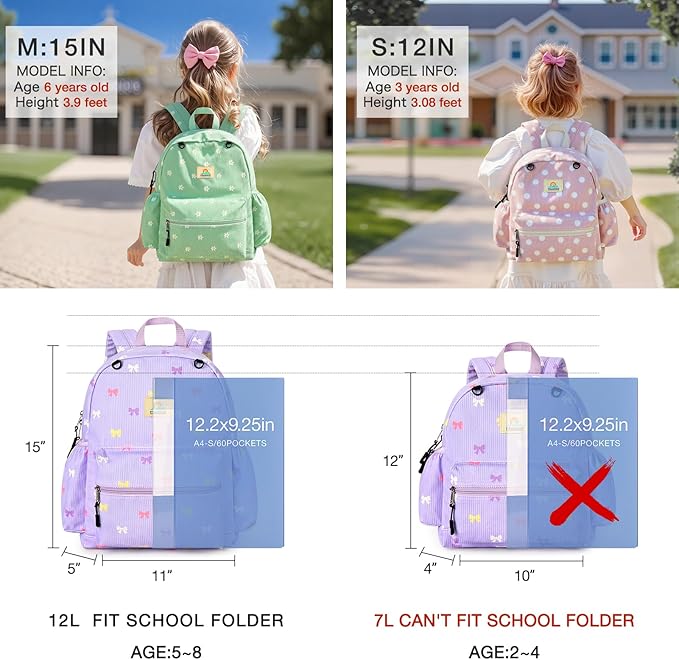 STEAMEDBUN Corduroy Kids Backpack for Girls 5-8: Girls Backpack for Elementary Kindergarten - 15 inch Cute Backpacks for Kids - Purple Bow