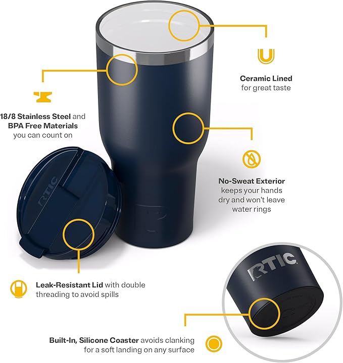 RTIC 40oz Essential Tumbler with Lid, Ceramic Lined, Insulated, Stainless Steel, Metal, Double Wall Vacuum-Insulation, Travel Cup for Iced Coffee, Tea, Hot and Cold Drink, Navy