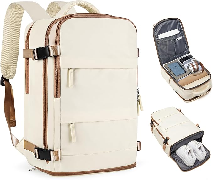 coofay Large Travel Backpack Carry on Flight Approved Mochila De Viaje Personal Item Travel Bag Backpacks for Men Women Carry on Backpack for Airplanes 18x14x8 Inches Travel Bag Beige with Brown
