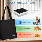 iknoe Insulated Lunch Bag for Women & Adults, 9L Foldable Wide-Open Cooler Bag with Pockets, Leakproof & Portable, for Picnic, Office, Beach(Plain Black)
