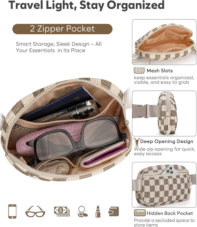 Pritent Fanny Packs for Women Cross Body Bag Waterproof Belt Bag with Adjustable Strap and Zipper Back Pocket Small Crossbody Bags Fashion Waist Packs for Workout Travelling(Checkered Khaki)