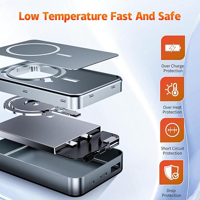 26800mAh Magnetic Power Bank, Mag-Safe Compatible Wireless Portable Charger, Aluminum Alloy, Large Capacity 20W Fast Charging USB-C, Travel Essential, for iPhone 17/16/15/14/13/12 Series, Silver Gray