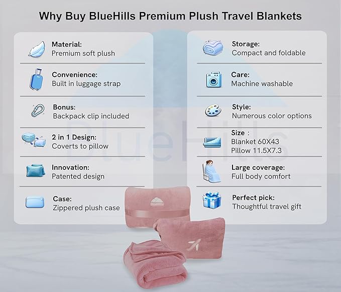BlueHills Premium Soft Travel Blanket Pillow Compact Mini Airplane Blanket with Portable Pillowcase Long Flights - Dusty Rose Pink M02