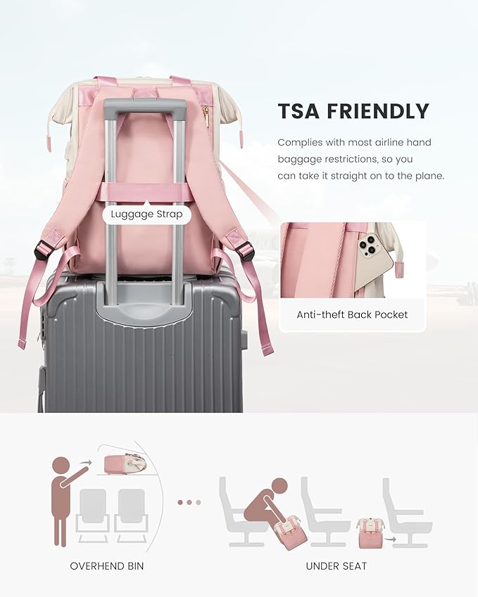 LOVEVOOK Laptop Backpack for Women, 15.6 Inch Work Laptop Bag with USB Port, Fashion Teacher Nurse Backpack Purse, Waterproof Travel Computer Backpack with Organizer Bag, 2PCS, Beige-Pink