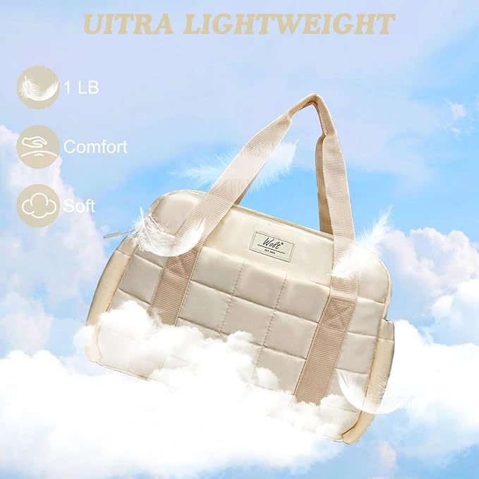 WOLT Small Gym Bag for Women, 14 inch Lightweight Gym Duffle Bag with Wet Compartment Quilted Tote for Sports Workout, Beige