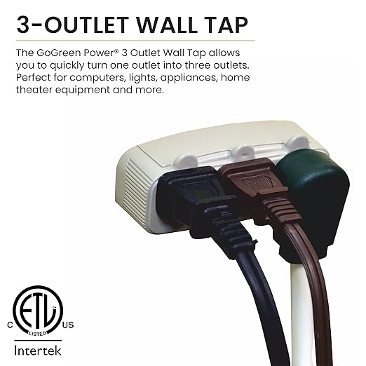 GoGreen Power (GG-13000TT) 3-Outlet Tri-Tap Adapter, 3-Outlet Wall Tap Adapter, Tan