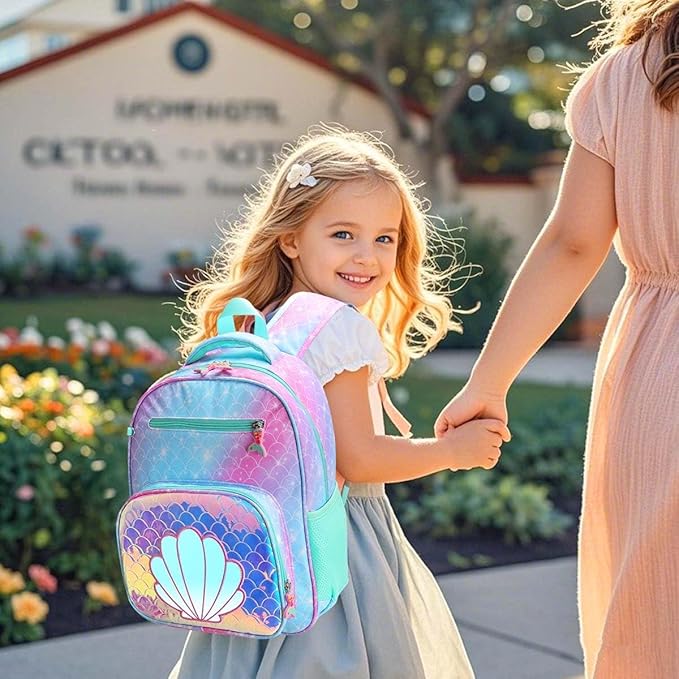 RHCPFOVR Kids Backpack for Girls - Girls Backpack 3-8 Ages Mermaid for Kids 15 Inch School Bookbag for Kindergarten Elementary School Bookbag for Girl 1st 2nd Grade
