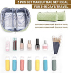BOYATU Travel Makeup Bag Organizer: 3 Pcs Set Large Capacity Cosmetic Bags Holds 10–20 100ml Full-Size Bottles - 180°Open-Flat Make up Case 3-sec touch-up - Toiletry Bag Gift women (01-D-Green)