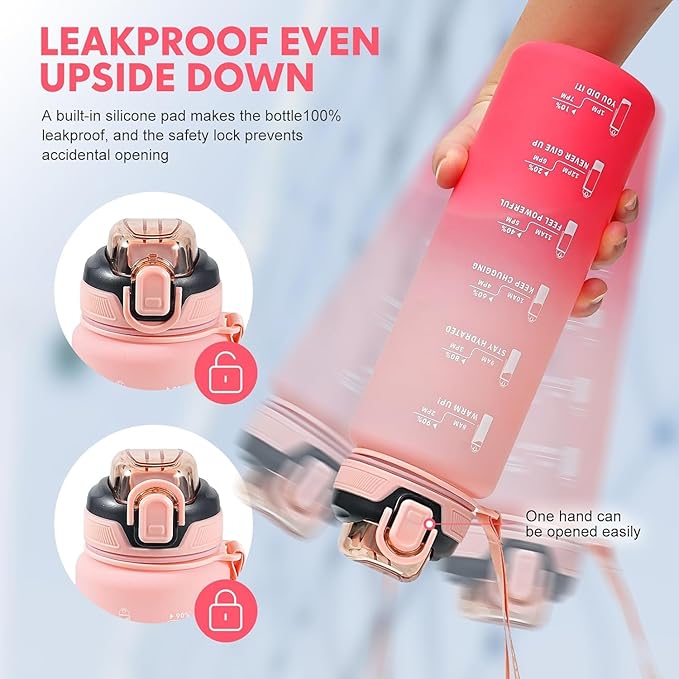 Water Bottle with Straw 1L,Boys Water Bottles with Straw 1 Litre,Waterbottle Leak-Proof Sports Water Bottle,Plastic Drinks Bottles Toxin Free，Bpa-Free (Pink)