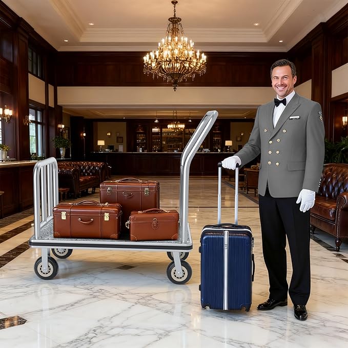 Heavy Duty Luggage Cart - 8" Wheels with Brackets, Commercial Grade Hotel Luggage Trolley, Deluxe Rectangular Steel Bellman Cart with Platform for Hotels Use (38"X 42" X 25")