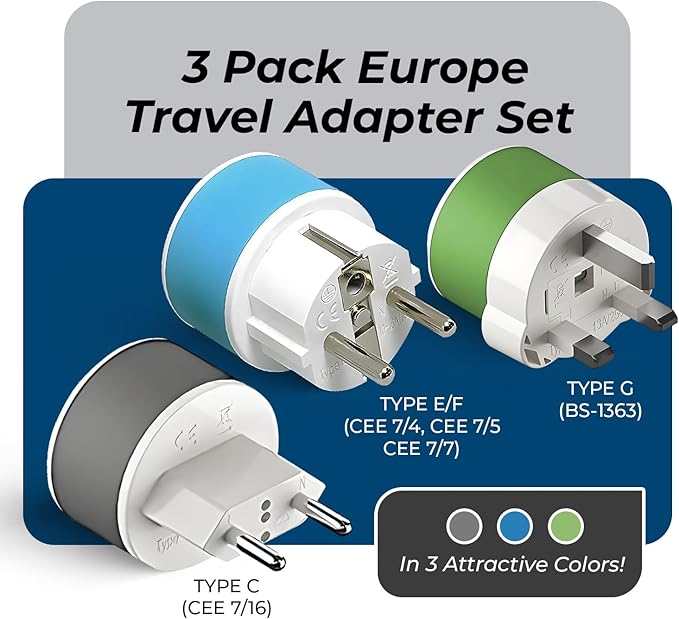 OREI Full European Travel Adapter Set - Dual Input American to Europe, Germany, England, Spain, Italy, Iceland, France, (Type G, E/F, Type C) - 3 Pack, Safe Grounded Use for Cell Phones, Laptops