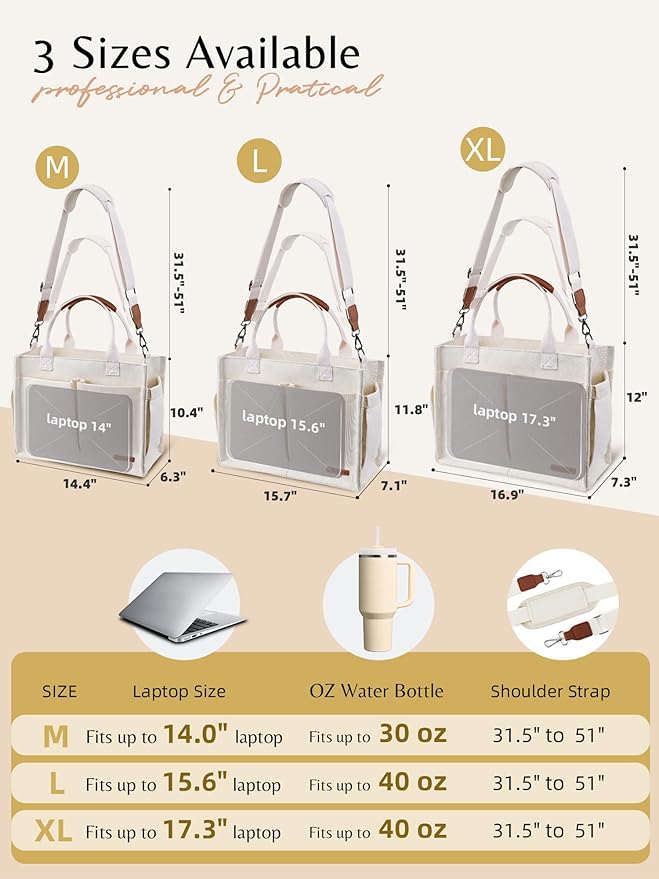 BESBESME Canvas Tote Bag for Women with Zipper & Compartments– Large Work & College Laptop Tote Crossbody Shoulder Bag