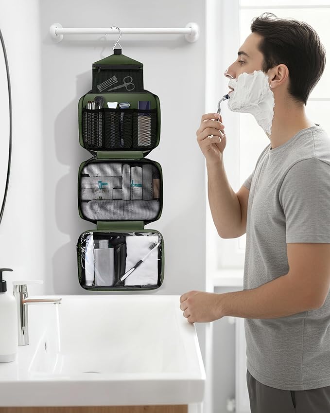 Maliton Toiletry Bag for Men & Women Travel Toiletry Bag Hanging Toiletry Bag Hygiene Organizer with 4 Compartments Waterproof Bathroom Shower Bag Large Toiletries Travel Bag (Olive Green)