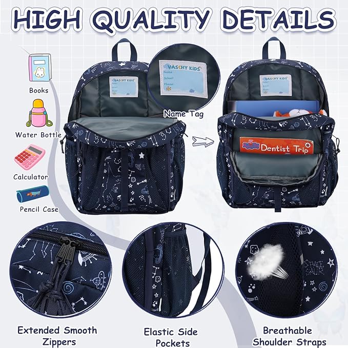 VASCHY Kids Backpack Lunch Bag Set, 2-1 School Bookbag Insulated Lunch Box for Toddlers,Preschool,Daycare,Kindergarten,Elementary School Navy