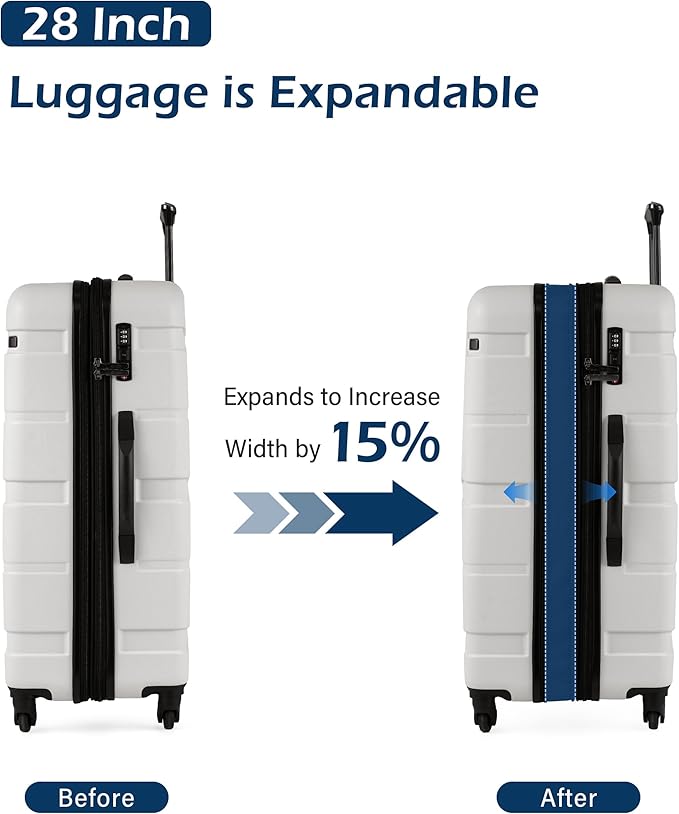 Coolife Expandable Large Checked Luggage Hardside PC+ABS Suitcase with TSA Lock, Lightweight Rolling Carry On with Spinner Wheels(White, 28in)