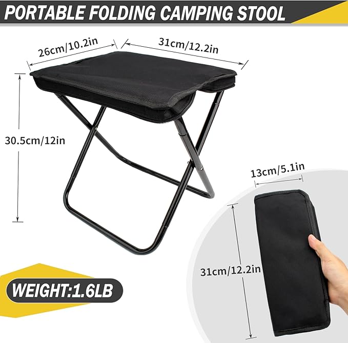 SUNPRO Camping Stool, Portable Folding Stool with Carry Bag, 12in Portable Folding Chair 1.6Lbs Collapsible Camp Stool Outdoor Footstool for Travel Walking Hiking Fishing Picnic Barbecue (Black)