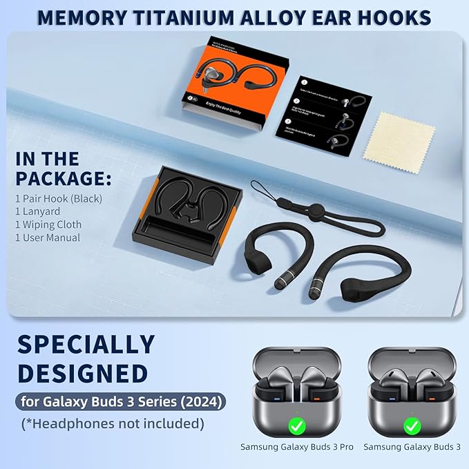 Anti-Slip Ear Hooks for Galaxy Buds 3 Pro (2024) & Galaxy Buds 3 FE (2025), Comfortable Fit | Sports Anti-Loss | Memory Titanium Alloy Ear Hooks Compatible for Samsung Buds 3 Earbuds w/Lanyard, Black