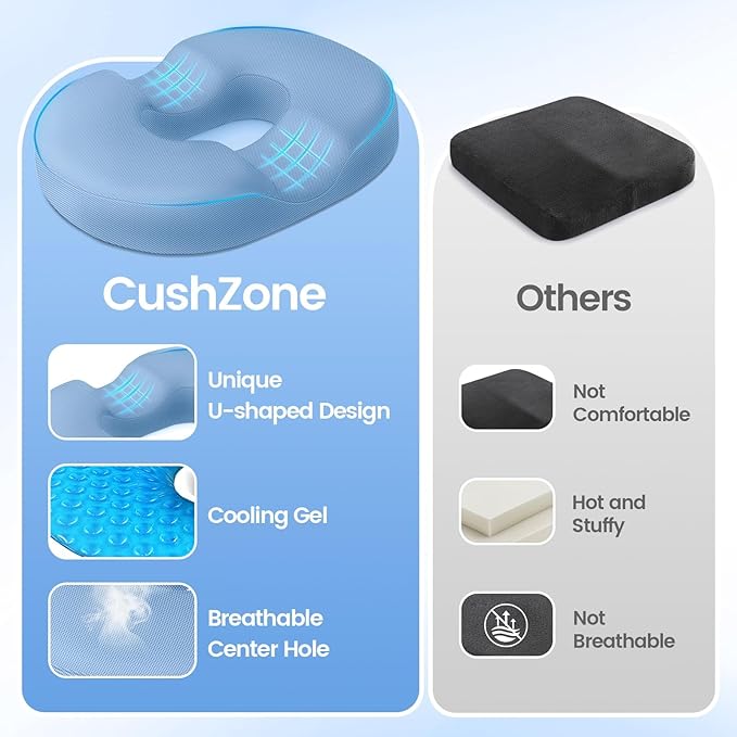 Donut Pillow Seat Cushion - Cooling Gel Donut Chair Cushions, Memory Foam Seat Cushion for Office & Home, Car Seat Cushion and Butt Pillow, Hemorrhoids Pillow and Tailbone Pain Relief, Light Blue