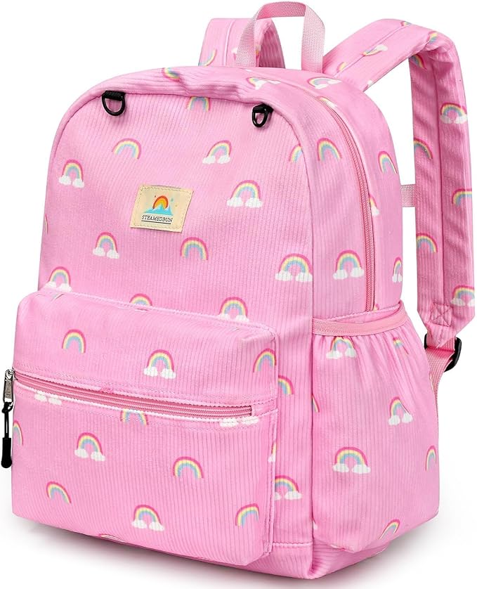 STEAMEDBUN Corduroy Kids Backpack for Girls 5-8: Girls Backpack for Elementary Kindergarten - 15 inch Cute Backpacks for Kids - Rainbow