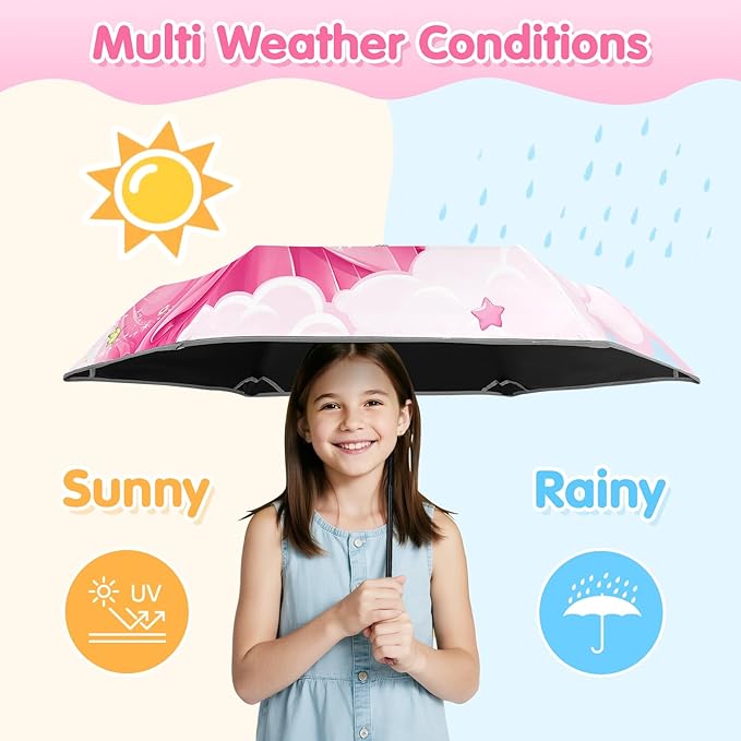 Kids Folding Umbrella Auto Open/Close Umbrellas for Rain Round Corner Safe Design UV Resistant Automatic Children Travel Umbrellas Reinforced Canopy 360° Reflective Strip Lightweight for Girls & Boys