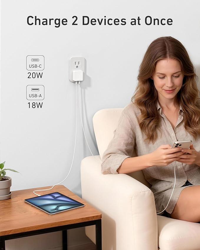 Nekmit Flat USB C Wall Charger, 45W Dual Port PPS Fast USB Charger Block(1*USB-C & 1*USB-A), Slim USB C Wall Plug for iPhone 17/16 and More Series, MacBook Air, iPad