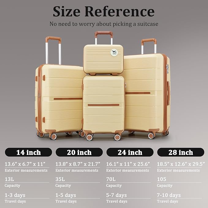 4 Piece Luggage Set, Hardside Expandable Lightweight Suitcase with 360° Mute Spinner Wheels Luggage Sets, TSA Lock, 14/20/24/28 Inch Travel Luggage for Men, Women and Girls (Apricot Cream 2)