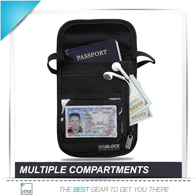 Lewis N. Clark Rfid Blocking Stash Neck Wallet, Travel Neck Pouch + Passport Holder for Women & Men - Black