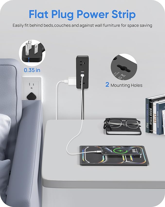 Electrical Outlet Extender Stick, Features 4 USB & 6 Outlets, 19in Flexible Extension Cord Access Hard-to-Reach Outlets, Wall Plug Power Socket Expander Nightstands Sofa Desk