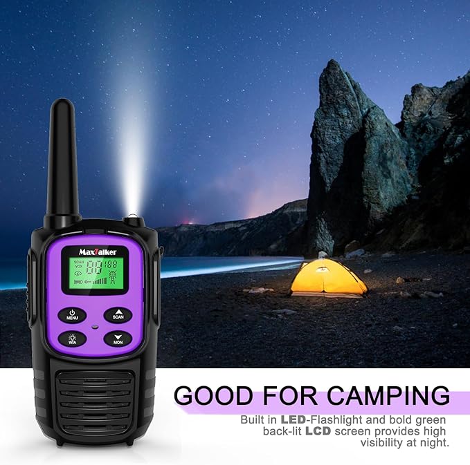 MaxTalker Walkie Talkies Long Range for Adult, MT10 Rechargeable Walkie Talkies FRS Two Way Radio, NOAA, 1200mAh Li-ion Battery USB-C Cable, LED Flashlight,VOX Walkie Talkie for Camping 2Pack (Purple)