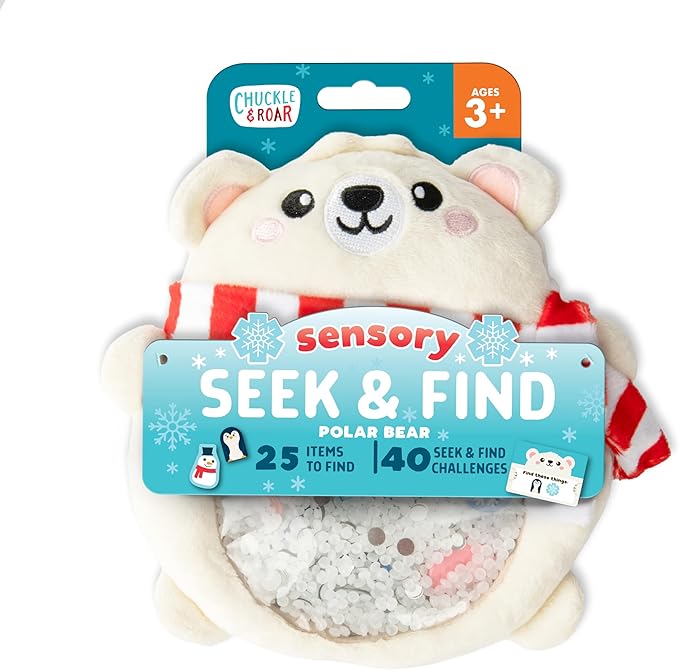 Chuckle & Roar Sensory Seek & Find Plush Polar Bear Game - 1 Plush & 20 Cards, Multicolor, Small - Toddler Airplane Travel Essential - Engaging Toddler Sensory Toys - Quiet Travel Toys for Plane & Car