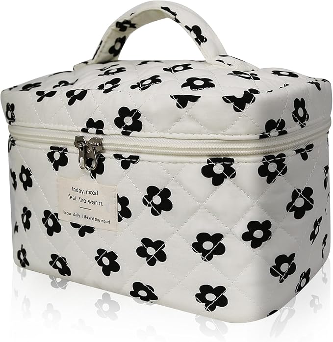Gosect Large Makeup Bag, Cute Cosmetic Bag for Women Girls, Floral Coquette Aesthetic Toiletry Bag, Travel Make Up Organizer Bag (Black Flower)