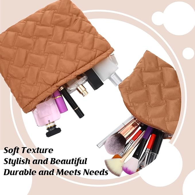 Huhumy 2 Pc Christmas Gift Makeup Bag Set Cute Quilted Cosmetic Pouch for Women Travel Toiletry Bag Preppy Small Makeup Purse Pouch Skincare Brushes Storage Organizer Pencil Case Set(Brown)