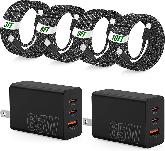 65W Super Fast Charging USB C for iPhone 17 16 Pro Max,3 Port 100W USB C Charger Block & 3/6/6/10FT Braided Type C Cord for iPhone 17 16 Pro,iPhone 15 Pro Max,for Samsung S26 Ultra/MacBook Air-Black