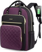 LOVEVOOK Laptop Backpack Purse for Women, 17" Laptop Bag with USB Port, Water Resistant Lightweight Daypacks for College Travel Work Business, Nurse Teacher Computer Bags, Purple Black