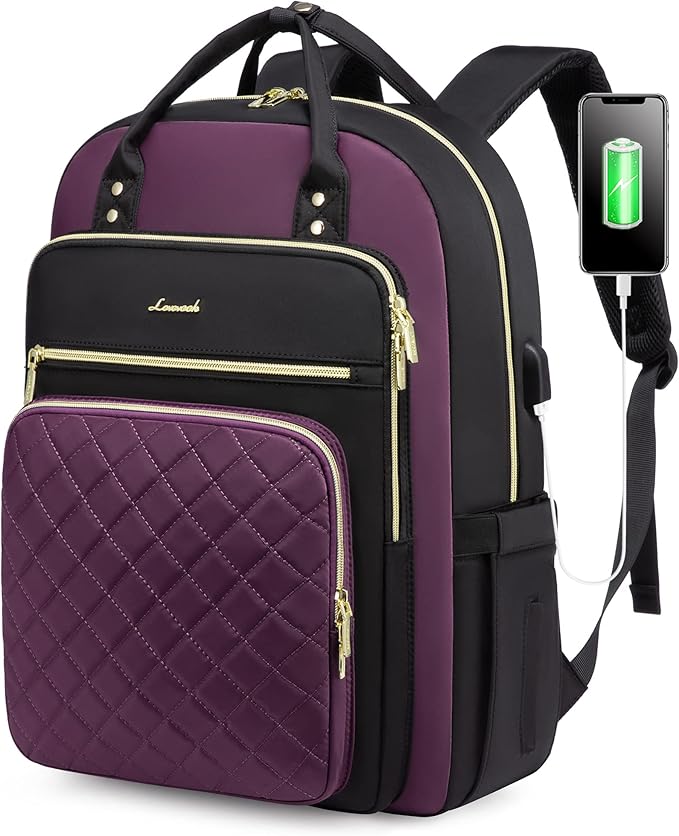 LOVEVOOK Laptop Backpack Purse for Women, 17" Laptop Bag with USB Port, Water Resistant Lightweight Daypacks for College Travel Work Business, Nurse Teacher Computer Bags, Purple Black