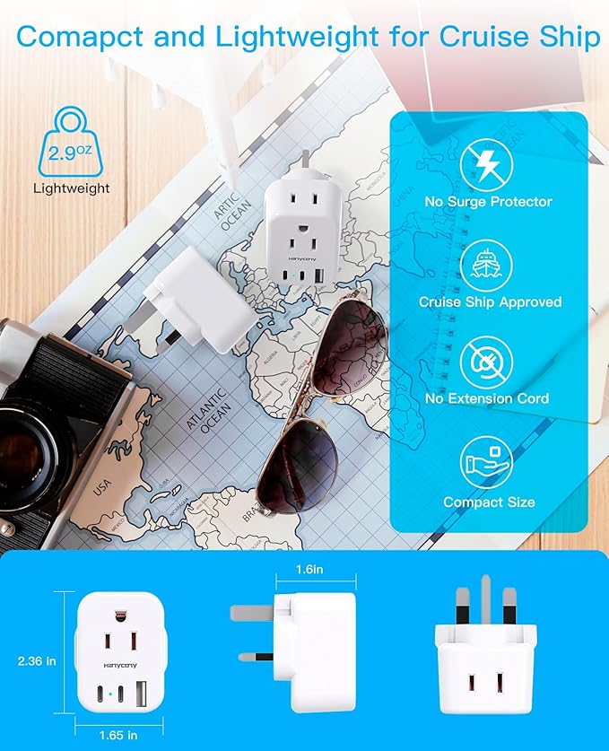 HANYCONY US to UK Ireland Travel Plug Adapter, Type G Travel Adapter 2 Outlets 3 USB Ports(2USB C), UK Power Adapter Converter for USA to Dubai England London Scotland British Kenya Irish Hongkong
