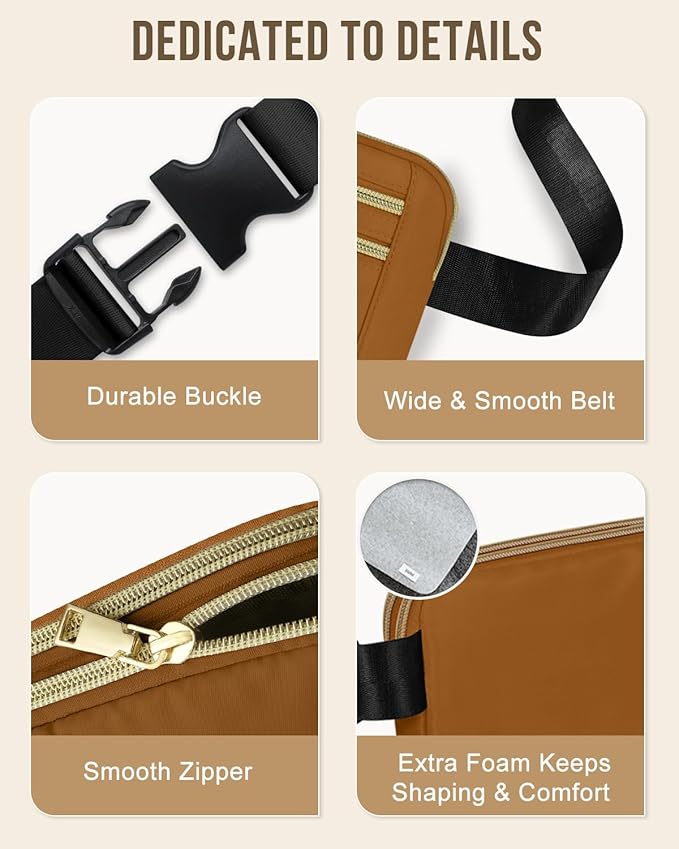 Capolo Fanny Packs for Women Fashion Waist Packs Bag with Adjustable Strap and 4 Zipper Pockets Waterproof Everywhere Crossbody Belt Bag for Workout Running Travelling(Brown)