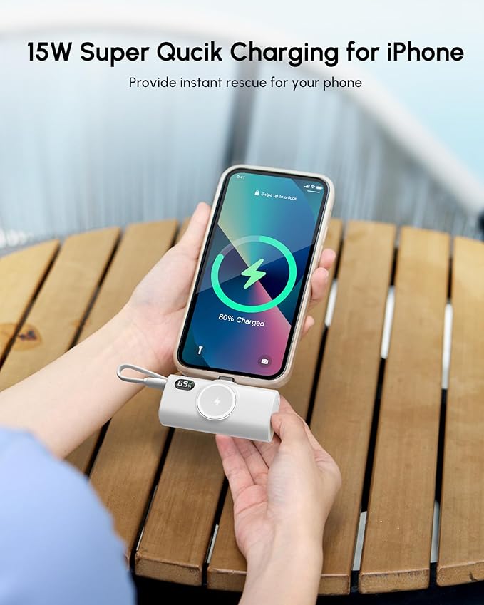Small White Portable Power Bank for iPhone 13/12/14 Series,5000mah Mini Battery Charger for Lightning Port, Portable Battery Pack Backup Emergency Power Charger